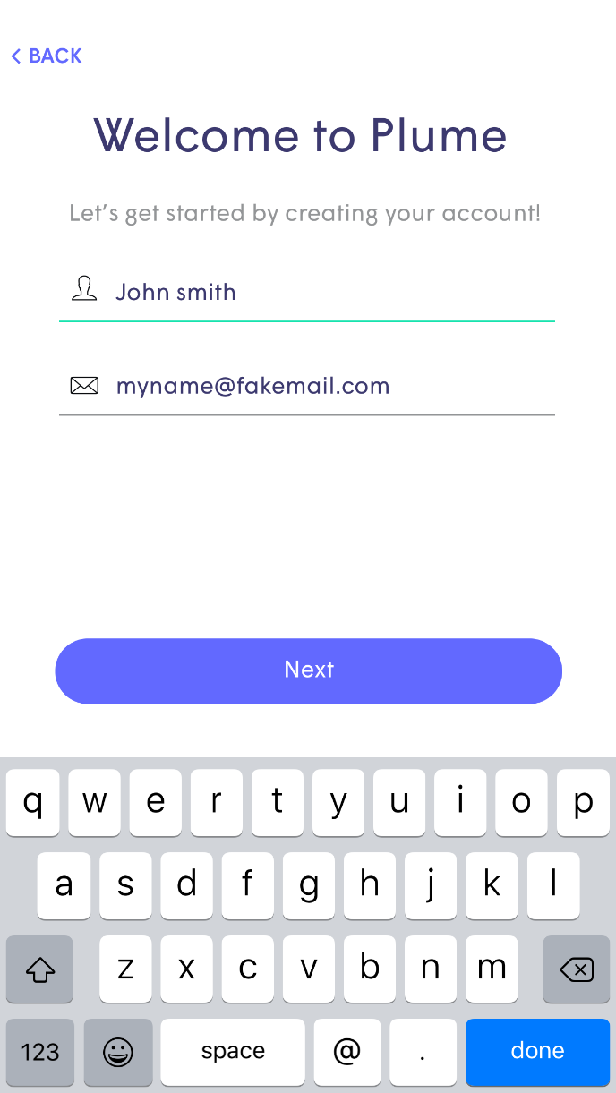 Plume App Create Account Page
