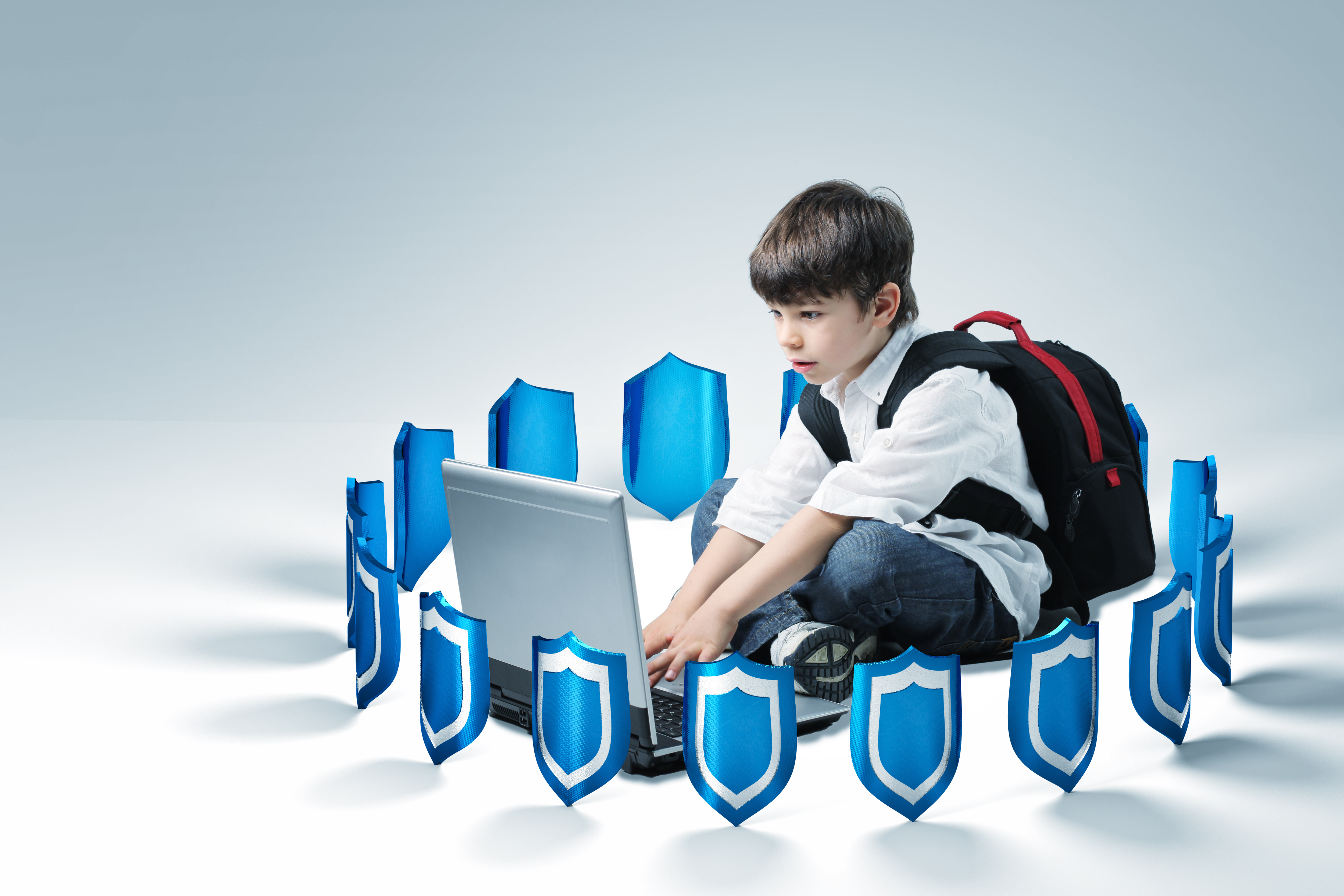 a child using a computer surrounded by shields